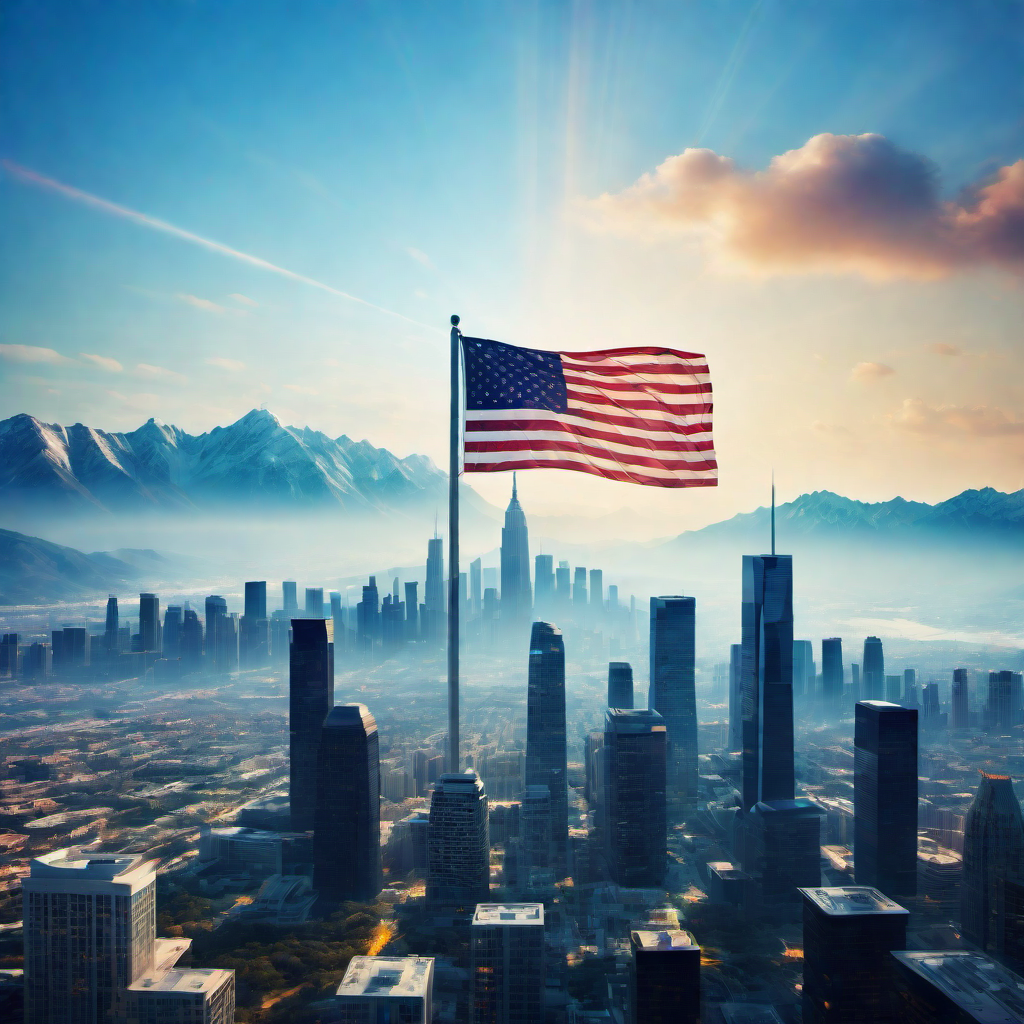American Flag Over Futuristic City